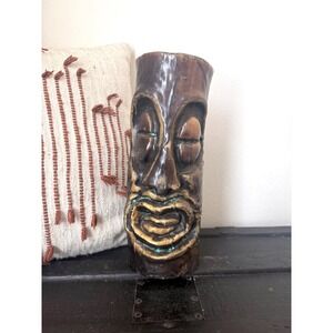 Vintage Large Tiki Face Candle Brown Wax Sculpture Retro Boho Decor